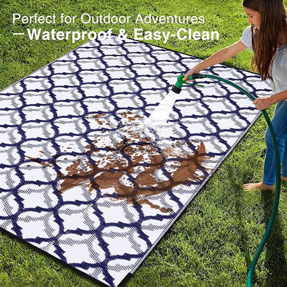 OLANLY Reversible Outdoor Rug 9x12 ft Clearance, Waterproof Outdoor Plastic Straw Rug with Interlacing Pattern, RV Mat for Patio, Camping, Balcony, Deck, Backyard, Navy & White