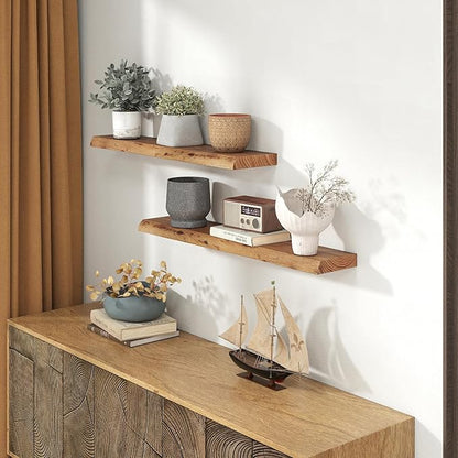 Solid Elm Wood Floating Shelves, 36 Inch Wood Floating Shelves for Wall, Live Edge Wooden Shelves Wall Mounted for Books, Bathroom, Kitchen, Natural Color, Set of 2