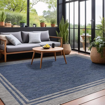 Bordered Outdoor Rug 5x7 Washable Outside Carpet for Indoor Patio Porch Waterproof Easy Cleaning Non Shedding Area Rugs Navy 5 x 7