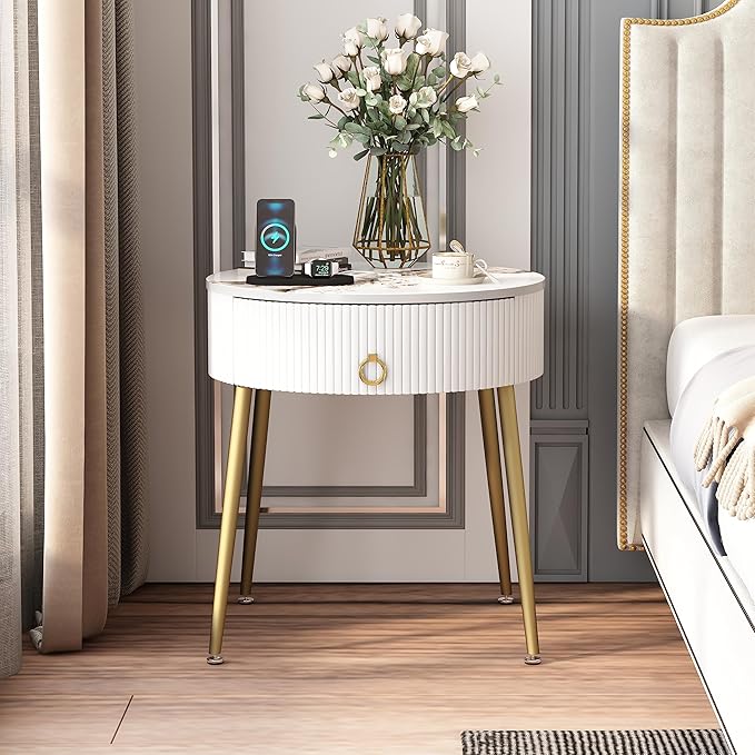 OIOG Round Nightstand with Drawer, Modern Side Table with Marbling Natural Stone Tabletop and Metal Legs, Small End Table with Storage for Living Room and Bedroom, Gold
