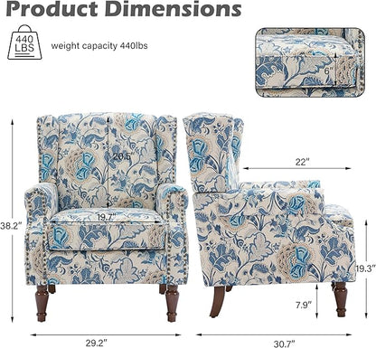 UIXE High Back Floral Accent Chairs Set of 2, Upholstered Armchair in Fabric, Retro Printed Wingback Arm Chair for Living Room, Nailhead Trim Single Sofa Bedroom Reading Seat - Boho Blue