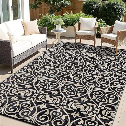 OLANLY Outdoor Rug Waterproof 9x12 ft Clearance, Reversible Outdoor Plastic Straw Rug with Floral Pattern, RV Mat for Patio, Camping, Balcony, Deck, Backyard, Black & Beige