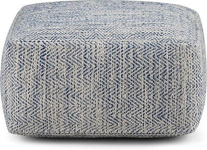 SIMPLIHOME Nate 20-inch Wide Square Pouf in Patterned Denim Mélange, Handwoven Boho-Style Cotton Ottoman, Footrest, or Extra Seating for Living Room, Assembled