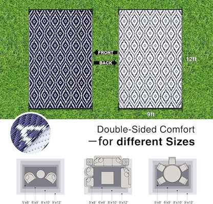 OLANLY Outdoor Rug 9x12 ft Waterproof, Outdoor Plastic Straw Rug with Geometric Pattern Clearance, Reversible RV Mat for Patio, Camping, Balcony, Deck, Backyard, Navy & White