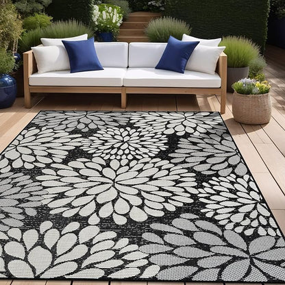 Beverly Rug Outdoor Rug 9x12 Modern Exotic Tropical Leaf Area Rugs for Indoor and Outdoor Patio Deck Porch Garden Water Resistant Washable Outside Carpet (9 x 12 Dark Gray)