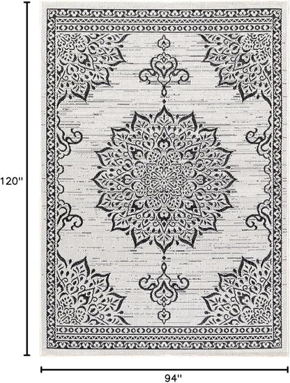 CAMILSON Outdoor Rug, 8x10 Medallion White Black Modern Area Rugs for Indoor and Outdoor Patios, Kitchen and Hallway Mats, Washable Porch Deck Outside Carpet (Medallion White, 8 x 10)