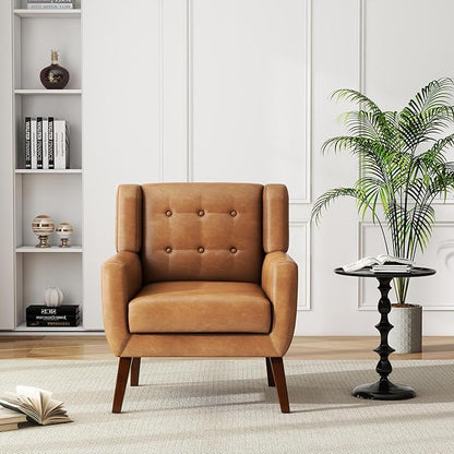 UIXE Faux Leather Accent Chairs Set of 4, Modern Arm Club Chair Upholstered Armchair for Living Room, Comfy Single Sofa Seats Button Tufted Reading Seating, Brown