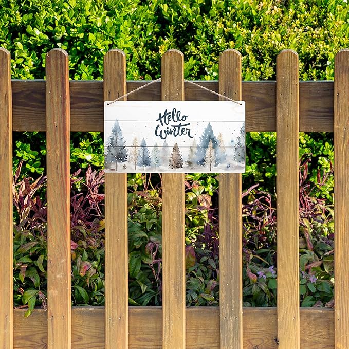 DUXMNAMG Hello Winter Welcome Hanging Wooden Signs 12x6, Pine Tree Decor, Winter Door Decorations, Winter Door Sign, Rustic Winter Christmas Snowflakes Trees Home Room Office Hanging Wall Decor