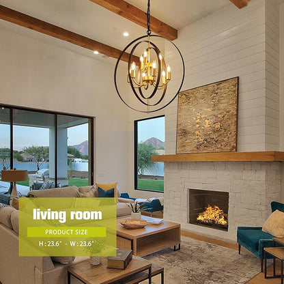 9-Light Globe Rustic Metal Chandelier, 23.6" Black Gold Adjustable Hanging Ceiling Pendant Light Fixture for Entryway Foyer Stairway Bedroom Dining Living Room Hallway