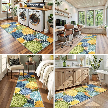 Area Rug 2x6 Yellow Green Washable Entry Rug Multicolored Tropical Botanical Modern Floral Indoor Kitchen Door Mat Entrance Carpet Non Slip for Bedroom Living Room, Porch