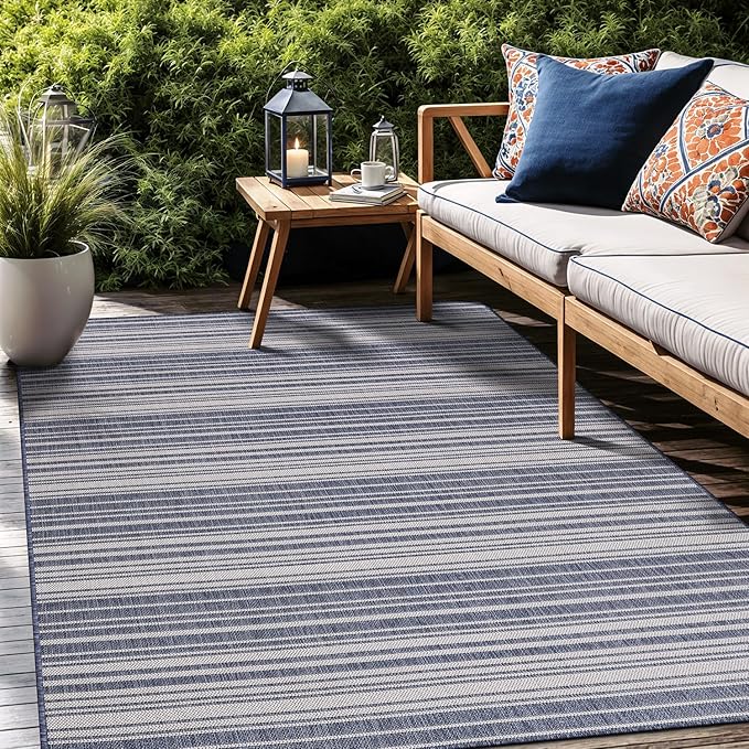Stripe Outdoor Rug 9x12 Washable Outside Carpet for Indoor Patio Porch Waterproof Easy Cleaning Non Shedding Area Rugs Blue 9 x 12