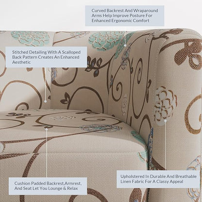 BELLEZE Living Room Chairs Set of 2, Linen Round Accent Barrel Chairs, Club Tub Sofa Chairs for Bedroom, Corner Chairs with Flared Legs and Cozy Soft Padding - Highland (Floral Print)