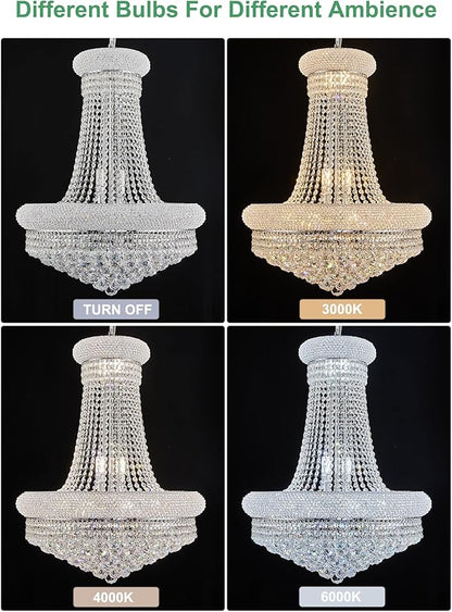14 - Light Unique Empire Crystal Chandelier with Adjustable Chain for High Ceiling Foyer Entryway Living Room Dining Room Bedroom Chrome Finish