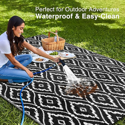 OLANLY Outdoor Rug 5x8 ft Waterproof, Outdoor Plastic Straw Rug with Geometric Pattern Clearance, Reversible RV Mat for Patio, Camping, Balcony, Deck, Backyard, Black & White