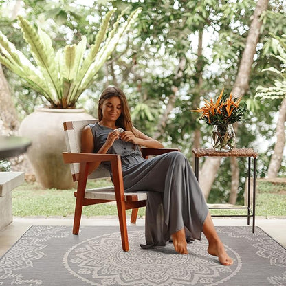 CAMILSON Outdoor Rug 6x9 Modern Area Rugs for Indoor and Outdoor Patios and Porches - Waterproof, Washable, Non-Shedding, Easy-to-Clean Outside Carpet (6 x 9, Medallion - Grey/White)