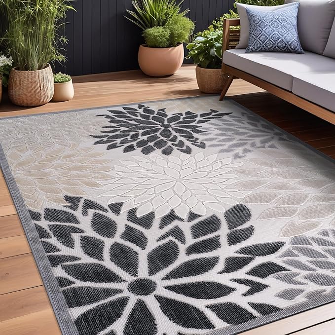 Beverly Rug Outdoor Rug 10x14 Large Modern Floral Tropical Area Rugs for Indoor and Outdoor Patio Easy to Clean Non Shedding Living Room Porch Garden Washable Outside Carpet (10 x 14 Beige)
