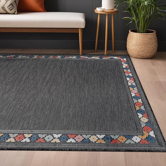 Beverly Rug Outdoor Rug 6x9 Modern Bordered Area Rugs for Indoor and Outdoor Patio Easy to Clean Non Shedding Living Room Porch Garden Washable Outside Carpet (6 x 9 Dark Gray)