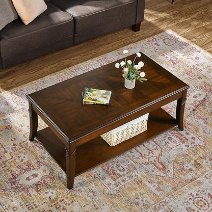 Solid Wood Coffee Table with Storage Shelf, Mid-Century Living Room Tables with Carved Tabletop and Leg, 43.3” Splicing Cocktail Center Sofa Table, Cherry Brown KFZ-DR200