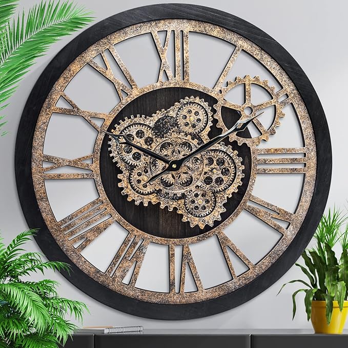 HOIBAI Large Wall Clock, 24 Inch Wall Clocks for Living Room Decor Farmhouse Vintage Rustic Kitchen Wall Decor Vintage Roman Big Oversized Wall Clock for Home Bedroom House Office, Moving Gears Clock