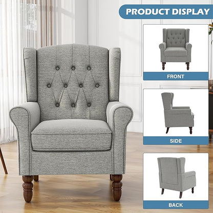 UIXE High Back Accent Chairs Set of 2, Upholstered Armchair in Fabric, Retro Wingback Arm Chair for Living Room, Comfy Single Sofa Bedroom Reading Seat with Solid Wood Legs - Light Gray