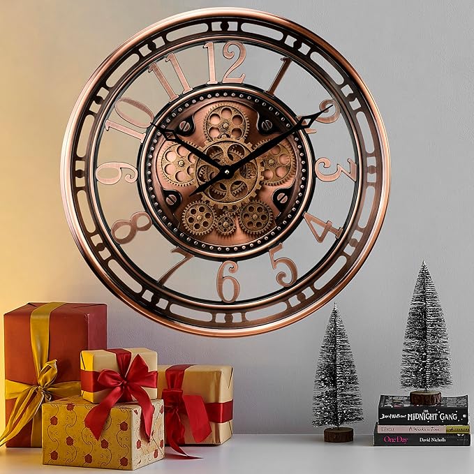CLXEAST 21 Inch Moving Gear Wall Clock for Modern Farmhouse Living Room Decor,Large Industrial Steampunk Wall Clock for Home Office,Metal Copper Finished,House Warming Gifts New Home