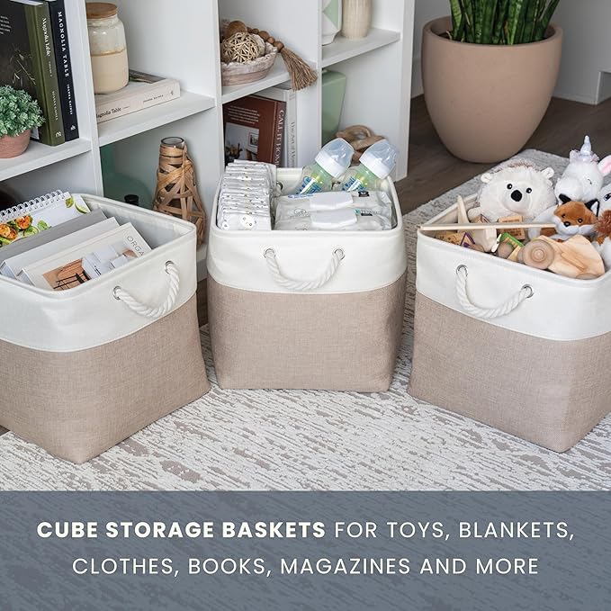 OrganiHaus 13x13 Cube Storage Bins 4 Pack, Foldable Cube Storage Organizer w/ Rope Handles, Collapsible Fabric Bins for Toys, Clothes & Closet Organization, Fabric Square Baskets - Beige/White