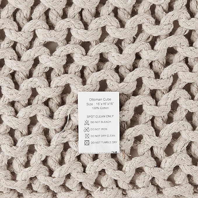 REDEARTH Square Pouf Ottoman Foot Stool - Hand Knitted Bean Bag - Cord Boho Pouffe - Accent Poof for Living Room - Nursery - Bedroom - Kids Bedroom - Patio - 100% Cotton (16" x 16" x 16") - Ivory