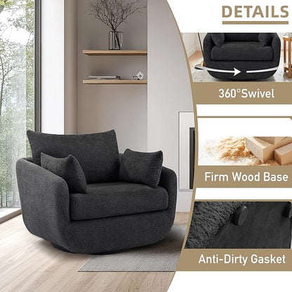 360° Swivel Accent Armchair, 39.3" Oversized, Sherpa Boucle Fabric Sofa Chair with Removable Back & Arm Pillows, Swivel Chair with Cozy Soft Padded, No Assembly Required (1, Dark Gray)
