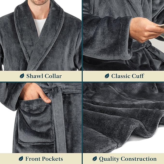 PAVILIA Mens Soft Robe Bathrobe for Men, Lightweight Fleece Male Robe Long Bath Shower Spa