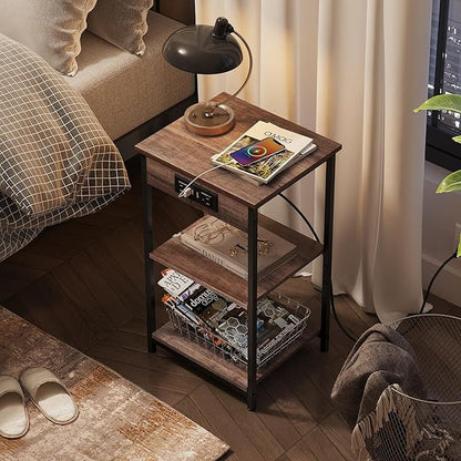 WLIVE Side Table with Charging Station and USB Ports, Small End Tables for Small Spaces, 3-Tier Nightstand with Adjustable Shelf, Bedside Tables, Living Room, Bedroom, Brown