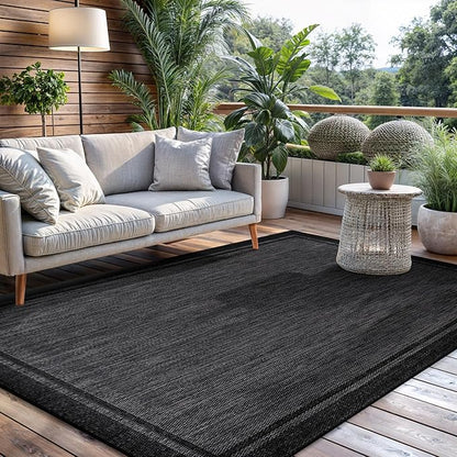 CAMILSON Indoor Outdoor Rug, 5x7 Bordered Dark Grey Black Modern Area Rugs for Indoor and Outdoor Patios, Kitchen and Hallway Mats, Washable Porch Deck Outside Carpet (Bordered Black, 5 x 7)