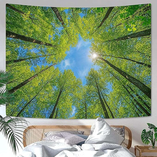 AMM Nature Forest Tree Celling Tapestry Lush Green Treetops Sunlit Tapestry for Bedroom Aesthetic Sky Sunlight Canopy Leaves Landscape Tapestries Wall Hanging for Living Room Dorm Office 80 x 60 Inch
