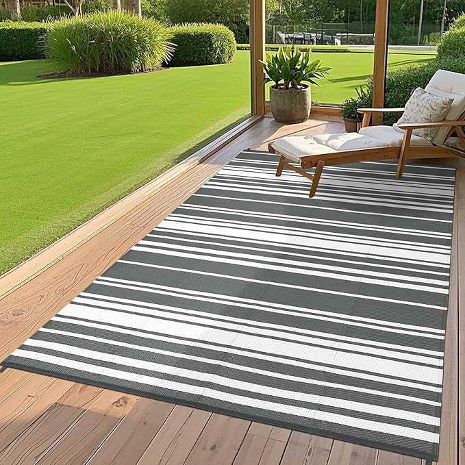 Outdoor Plastic Straw Rug 9x18 Waterproof Outside Rug, Large Modern Striped Reversible Floor Mats, Foldable & Lightweight Camping Carpet for Patio, Porch, Deck, Backyard, Balcony, Grey