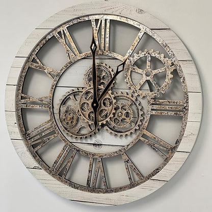 The Gears Clock The Original Real Moving Gear Wall Clock Vintage Industrial Oversized Rustic Farmhouse (24 inch (60cm),White Farmhouse)