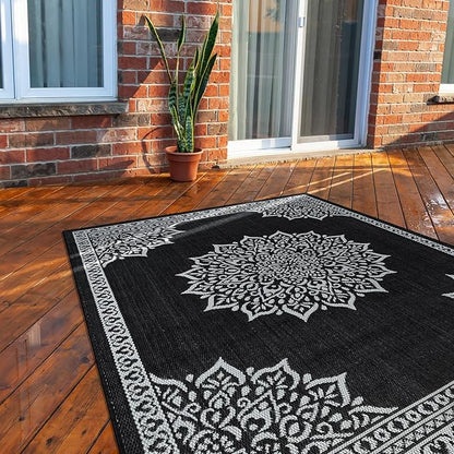 CAMILSON Outdoor Rug, 5x7 Medallion Black White Modern Area Rugs for Indoor and Outdoor Patios, Kitchen and Hallway Mats, Washable Porch Deck Outside Carpet (Medallion Black, 5 x 7)