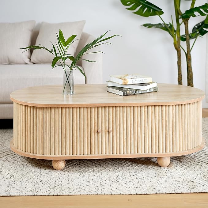 Oval Coffee Table with Storage for Living Room, Retro Charm Wooden Fluted Center Table, 47.24" Modern Classic Accordion Door Coffee Tables Dual Level Storage Side Table for Home,Office-Natural