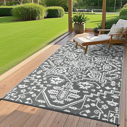 Outdoor Rug 8x10 Waterproof Reversible Plastic Straw Mat, UV-Resistant Vintage Medallion Camping Carpet for Patio, Deck, Balcony, Picnic, Large Outside Floor Mat, Grey White