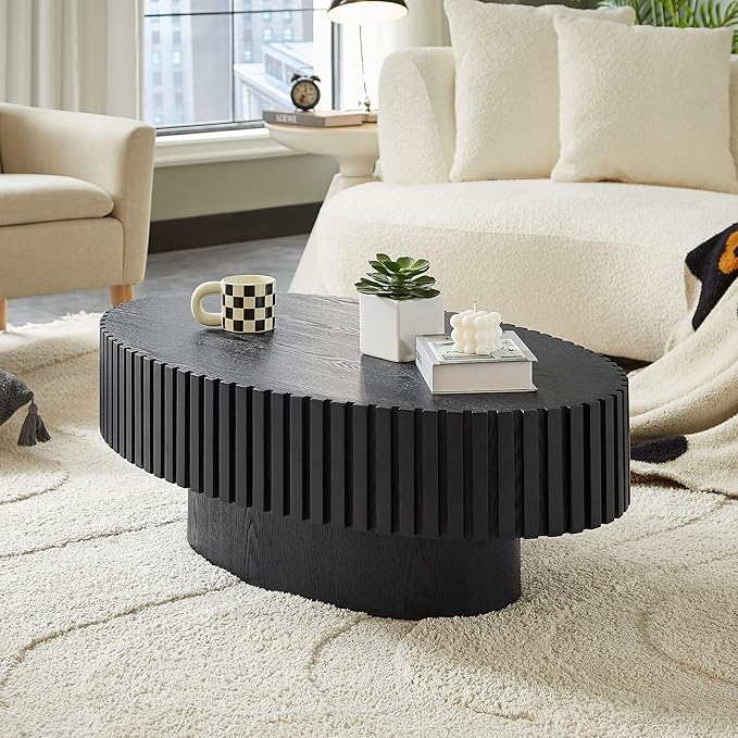Oval Coffee Table for Living Room, Modern Fluted Coffee Tables with Pedestal Base, Handcrafted Centre Tea Tables Easy Assembly-43.7" Black