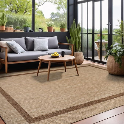 Bordered Outdoor Rug 9x12 Washable Outside Carpet for Indoor Patio Porch Waterproof Easy Cleaning Non Shedding Area Rugs Jute Beige - Nut Brown 9 x 12