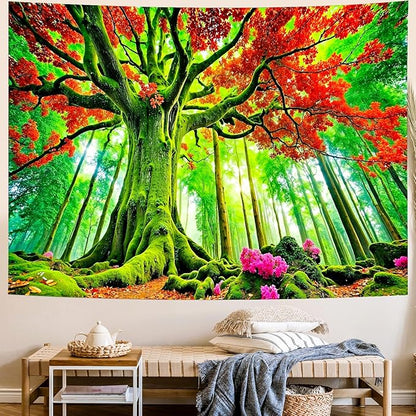 Delur Forest Tapestry Tree of Life Green Landscape Rainforest Wall Hanging Tapestry Colorful Mystical Nature Spiritual Psychedelic Headboard for Bedroom Living Room Home Decor (51.2" x 59.1")