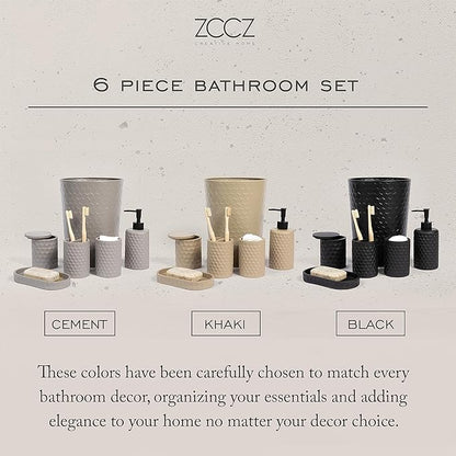zccz 6 Piece Bathroom Accessories Set, Toothbrush Holder, Toothbrush Cup, Soap Dispenser,Bathroom Vanity Tray, Qtip Holder, Trash Can - Cement