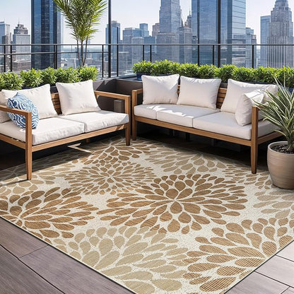 Beverly Rug Outdoor Rug 10x14 Modern Exotic Tropical Leaf Area Rugs for Indoor and Outdoor Patio Deck Porch Garden Water Resistant Washable Outside Carpet (10 x 14 Beige)