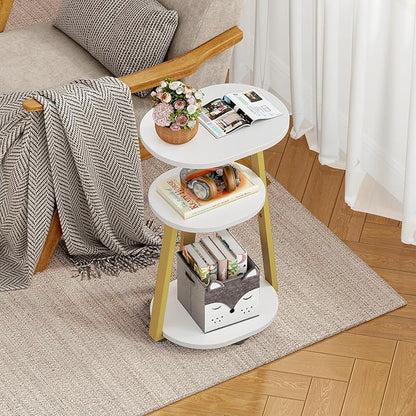 Side Table, Small End Table with Metal Frame, 3-Tier Bedside Tables, Round Side Tables for Living Room Bedroom Couch Bathroom, Oval, White