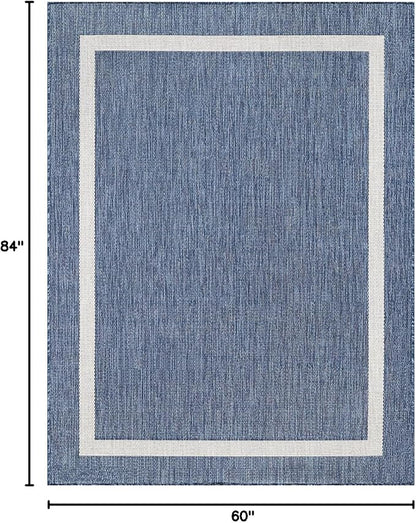 Bordered Outdoor Rug 5x7 Washable Outside Carpet for Indoor Patio Porch Waterproof Easy Cleaning Non Shedding Area Rugs Blue 5 x 7