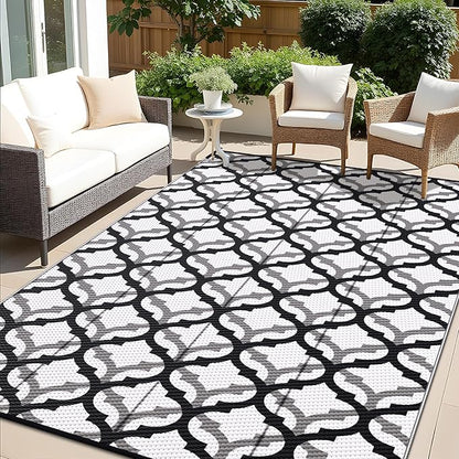 OLANLY Reversible Outdoor Rug 6x9 ft Clearance, Waterproof Outdoor Plastic Straw Rug with Interlacing Pattern, RV Mat for Patio, Camping, Balcony, Deck, Backyard, Black & White