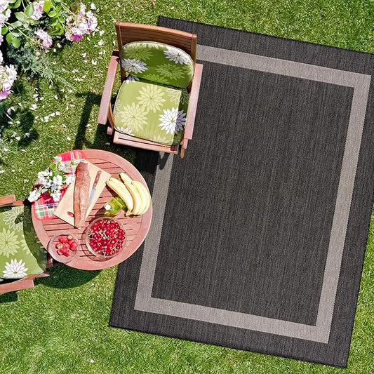 CAMILSON Outdoor Rug 10x14, Large Modern Outside Rugs for Patios Porches Waterproof Durable Washable Non-Shedding, Easy-to-Clean Indoor Outdoor Area Carpet (10 x 14, Bordered - Dark Gray/Light Gray)