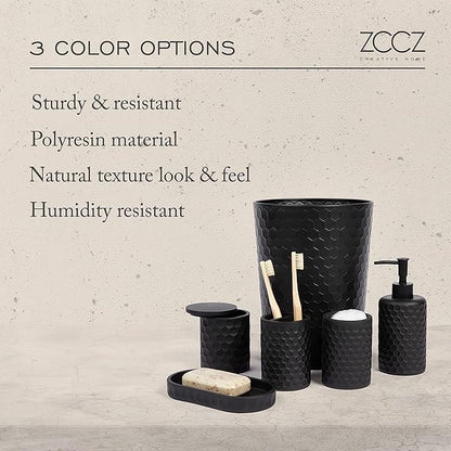 zccz 6 Piece Bathroom Accessories Set, Toothbrush Holder, Toothbrush Cup, Soap Dispenser,Bathroom Vanity Tray, Qtip Holder, Trash Can - Black