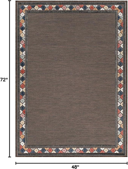 Beverly Rug Outdoor Rug 4x6 Modern Bordered Area Rugs for Indoor and Outdoor Patio Easy to Clean Non Shedding Living Room Porch Garden Washable Outside Carpet (4 x 6 Brown)