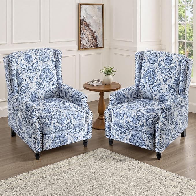 UIXE Floral Pushback Recliner Chairs Set of 2, Fabric Upholstered Armchair Push Back Accent Chair for Living Room, Rivet Trim Club Chair Home Theater Single Sofa Reading Seat - Navy Blue