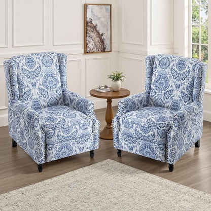 UIXE Floral Pushback Recliner Chairs Set of 2, Fabric Upholstered Armchair Push Back Accent Chair for Living Room, Rivet Trim Club Chair Home Theater Single Sofa Reading Seat - Navy Blue